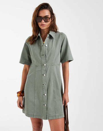 Vero Moda button front fit flare denim mini dress laurel green wash