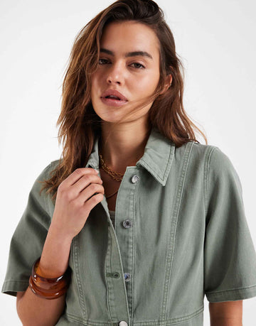 Vero Moda button front fit flare denim mini dress laurel green wash