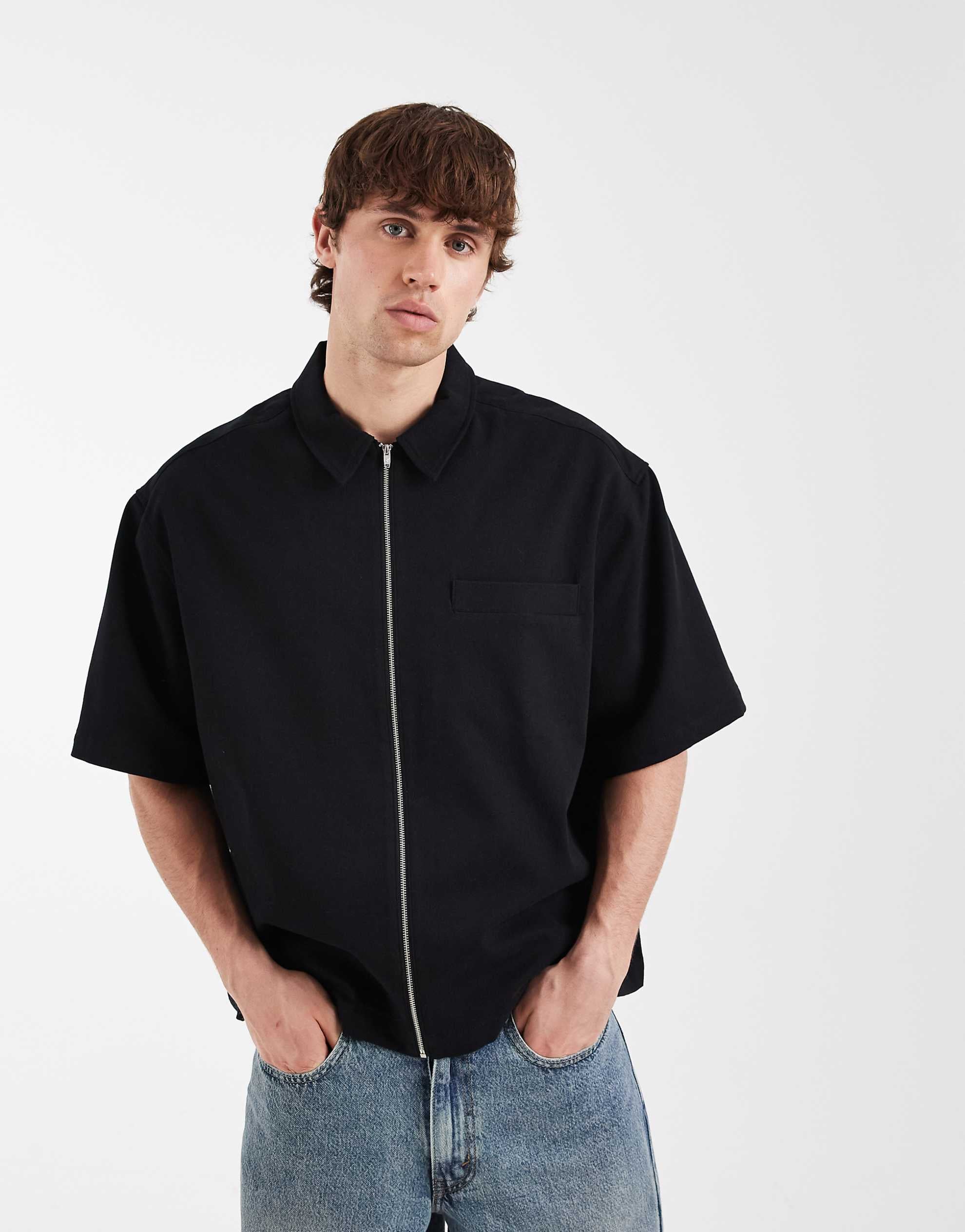 DESIGN boxy oversized zip through shirt black