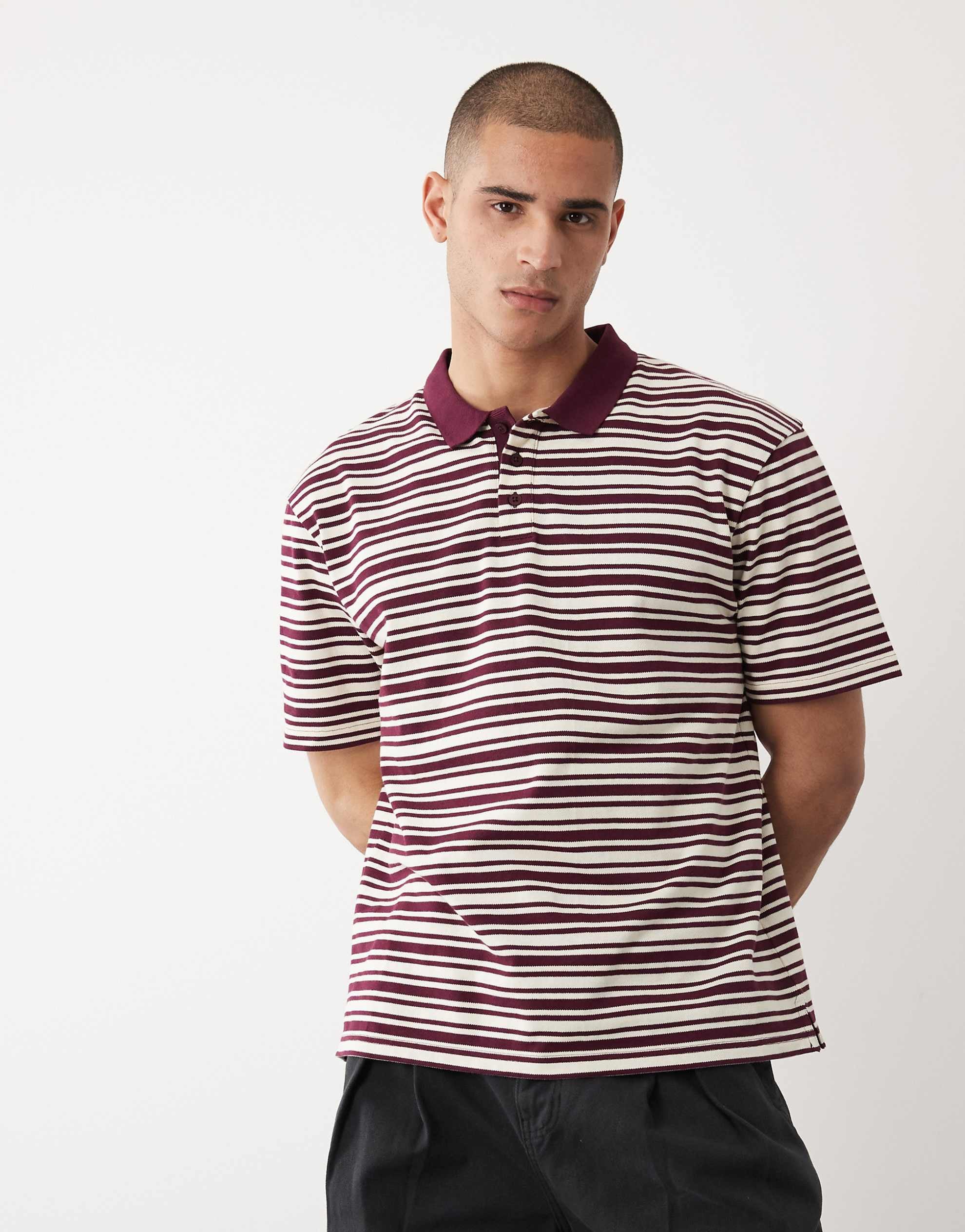 Threadbare relaxed fit knitted short sleeve polo top plum ecru stripe