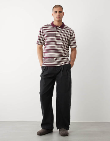 Threadbare relaxed fit knitted short sleeve polo top plum ecru stripe