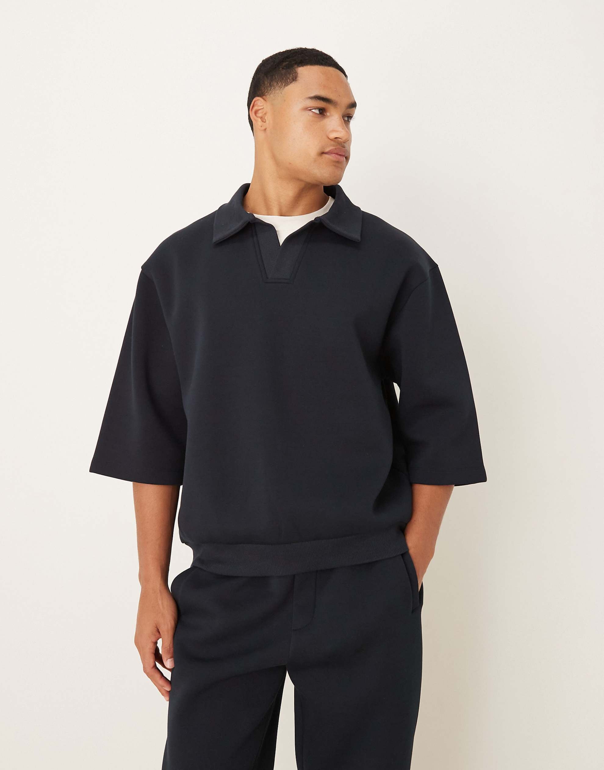 DESIGN oversized scuba-style fabric polo sweatshirt navy