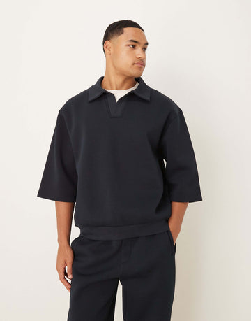 DESIGN oversized scuba-style fabric polo sweatshirt navy