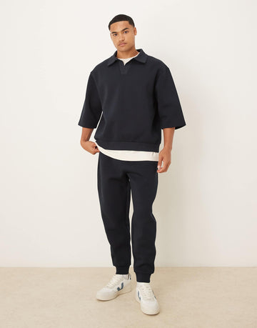 DESIGN oversized scuba-style fabric polo sweatshirt navy
