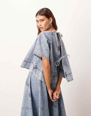 ARRANGE short sleeve seam detail top denim skirt mid blue wash