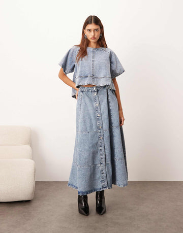ARRANGE short sleeve seam detail top denim skirt mid blue wash