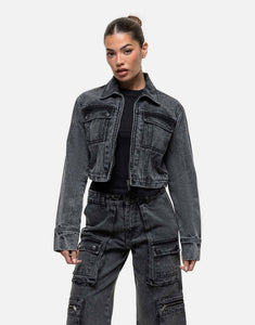 Good For Nothing co-ord cropped denim jacket black acid wash