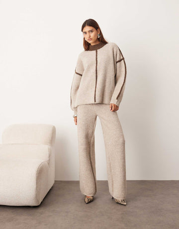 ARRANGE thick rib knit high neck jumper trouser oatmeal chocolate