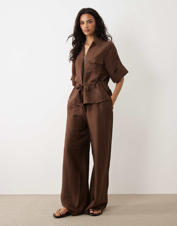 Mango Safa linen mix short sleeve tie waist jacket & trouser co-ord brown