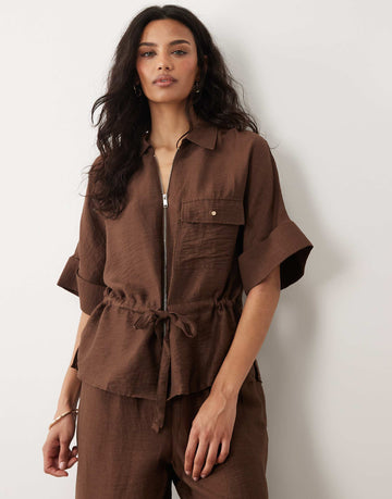 Mango Safa linen mix short sleeve tie waist jacket & trouser co-ord brown