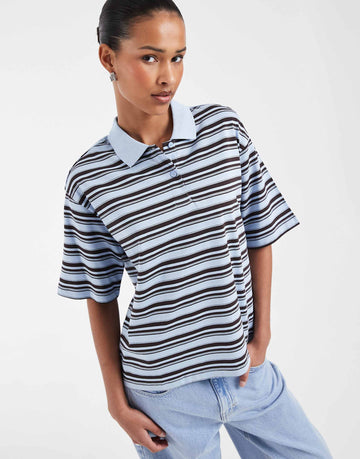 AWARE short sleeve polo top blue brown stripe