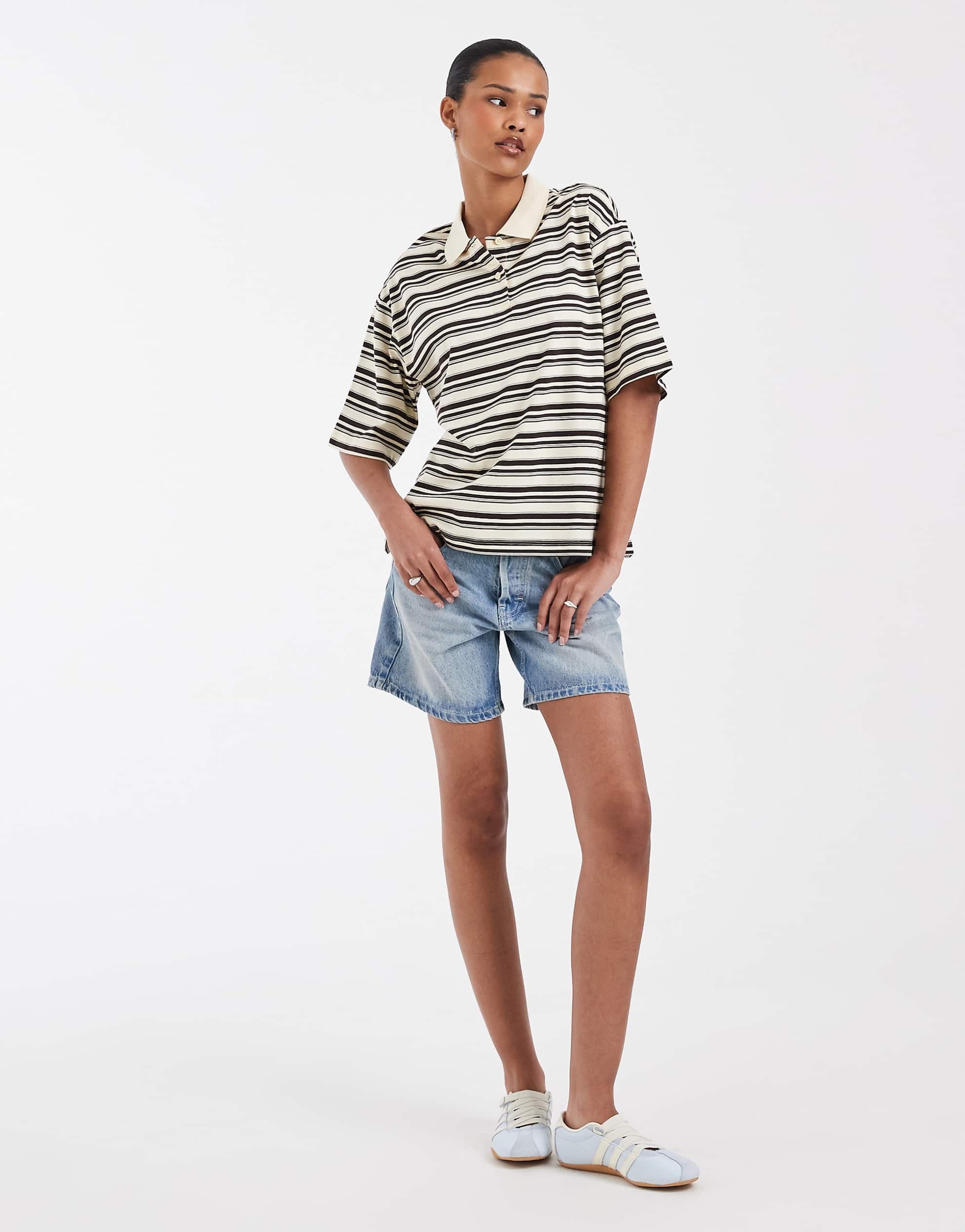 AWARE short sleeve polo top yellow brown stripe