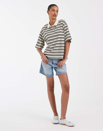 AWARE short sleeve polo top yellow brown stripe