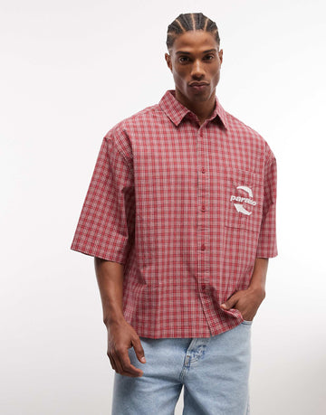 DESIGN oversized check shirt chest embroidery red