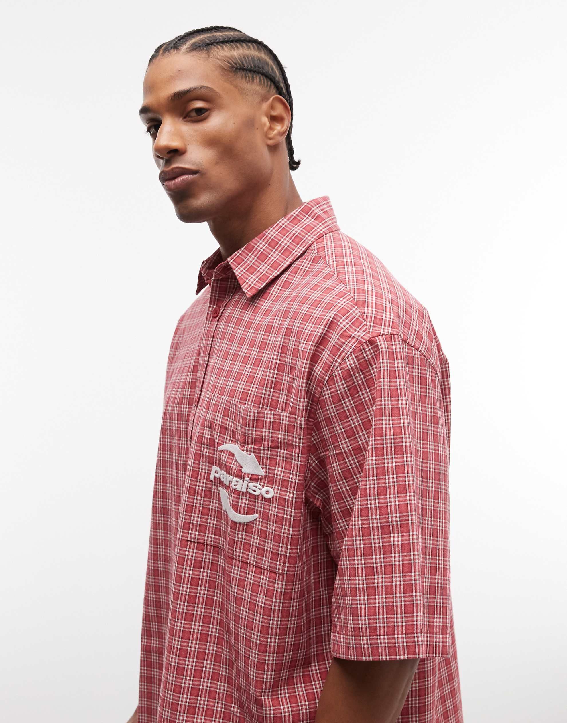 DESIGN oversized check shirt chest embroidery red