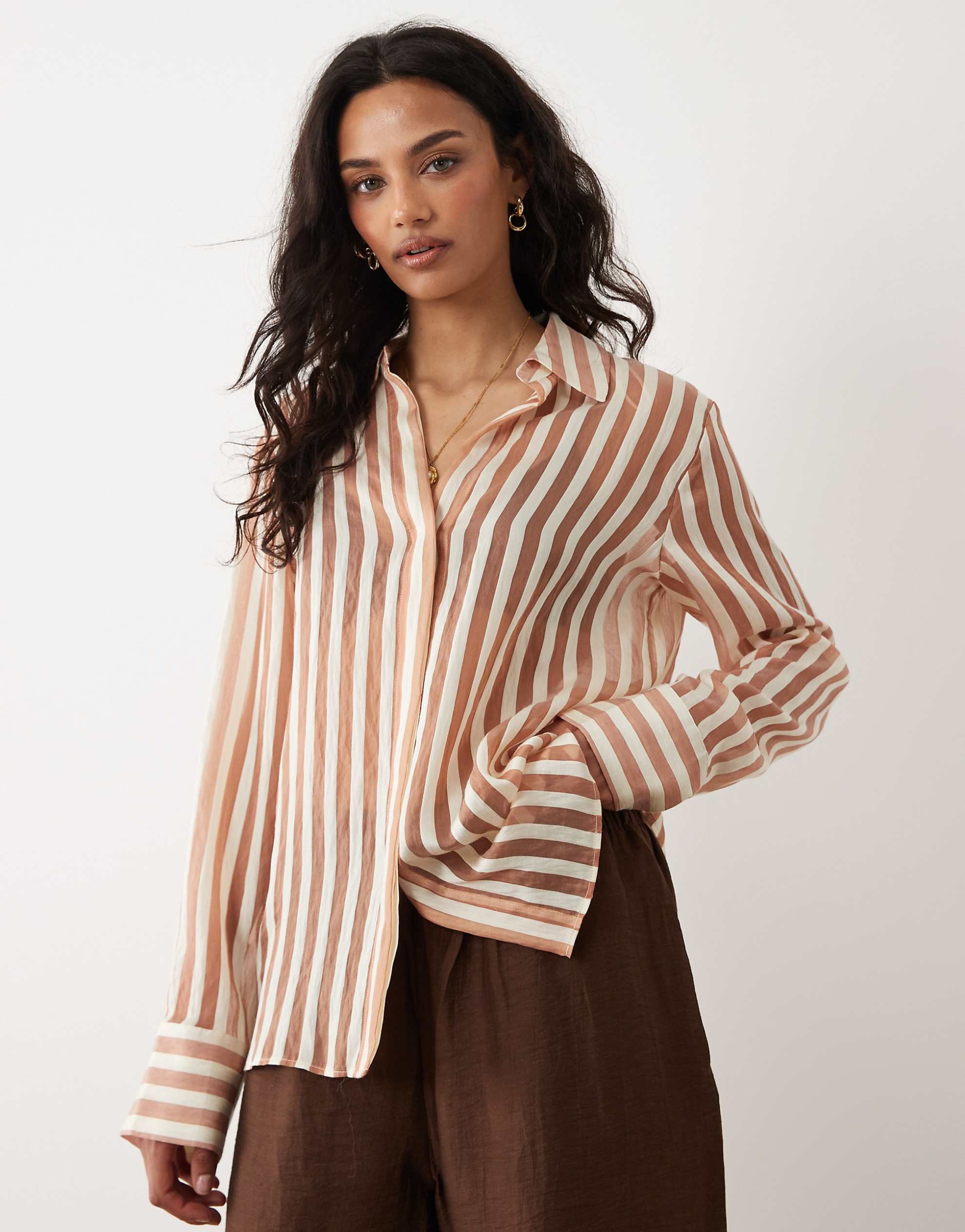 Mango sheer oversized shirt brown white stripe