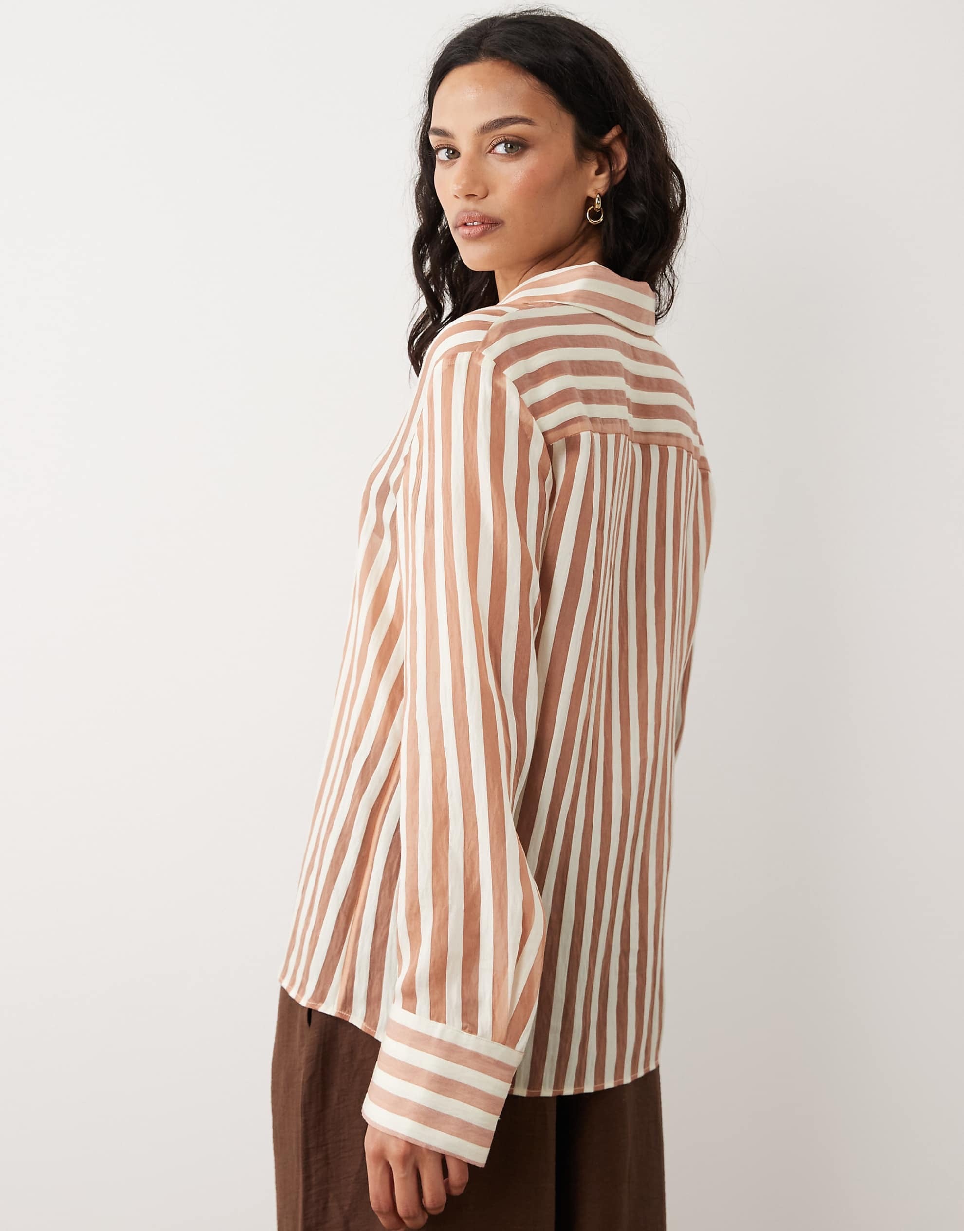 Mango sheer oversized shirt brown white stripe