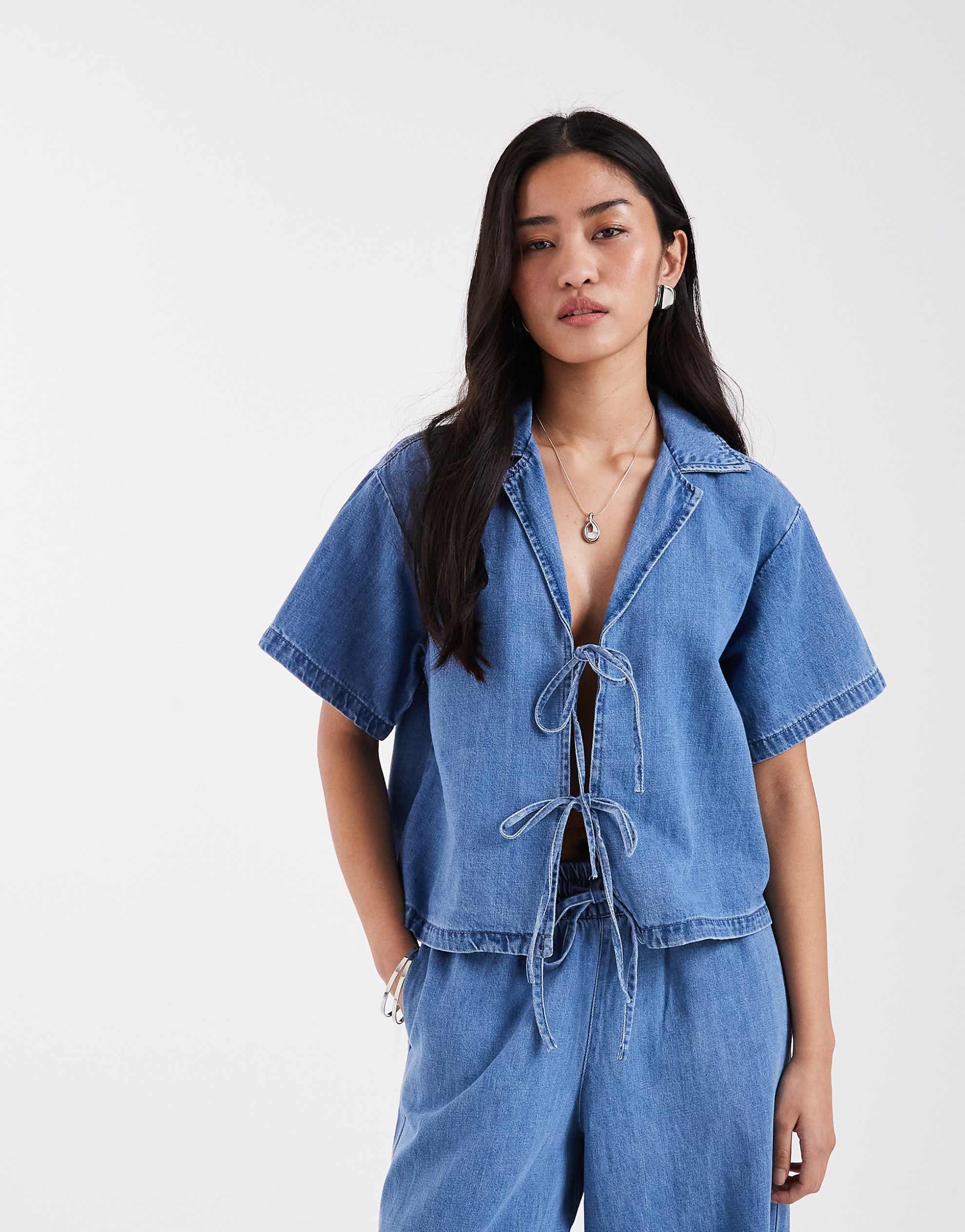 JJXX co-ord denim crop top tie front mid blue