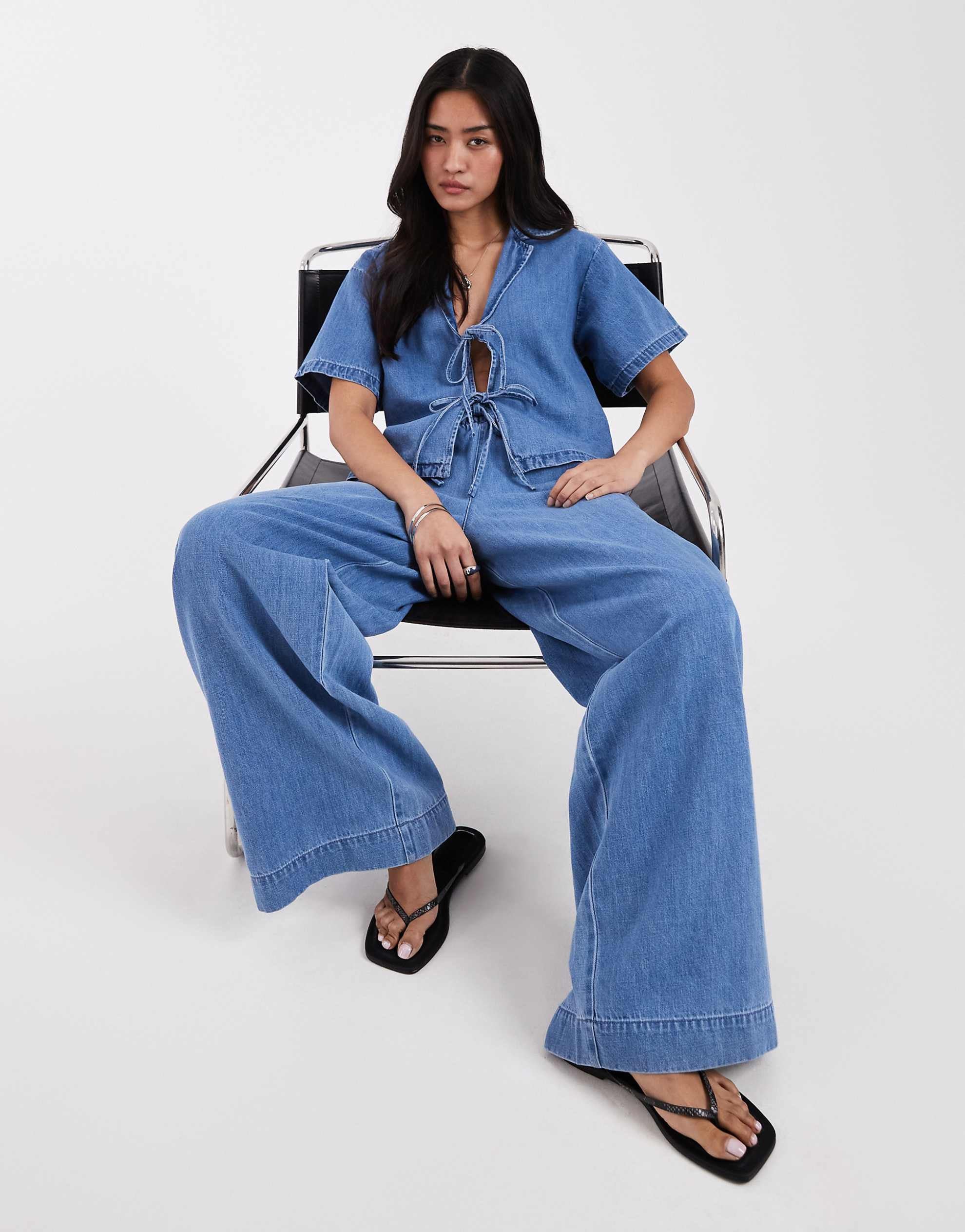 JJXX co-ord denim crop top tie front mid blue