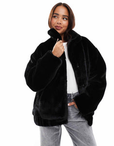 Miss Selfridge faux fur oversized bomber jacket black