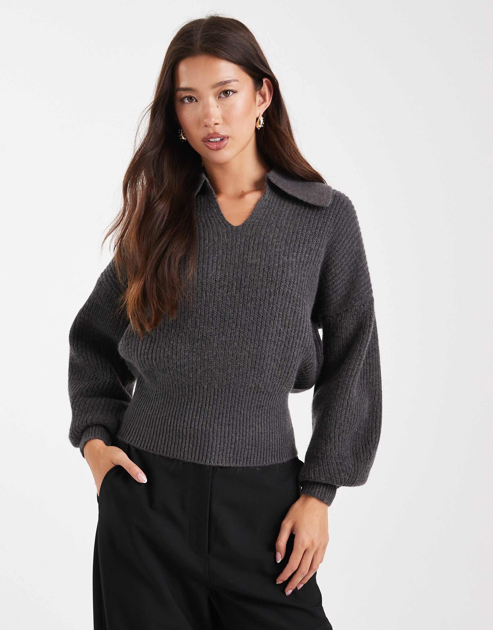 DESIGN polo fisherman rib waisted detail charcoal