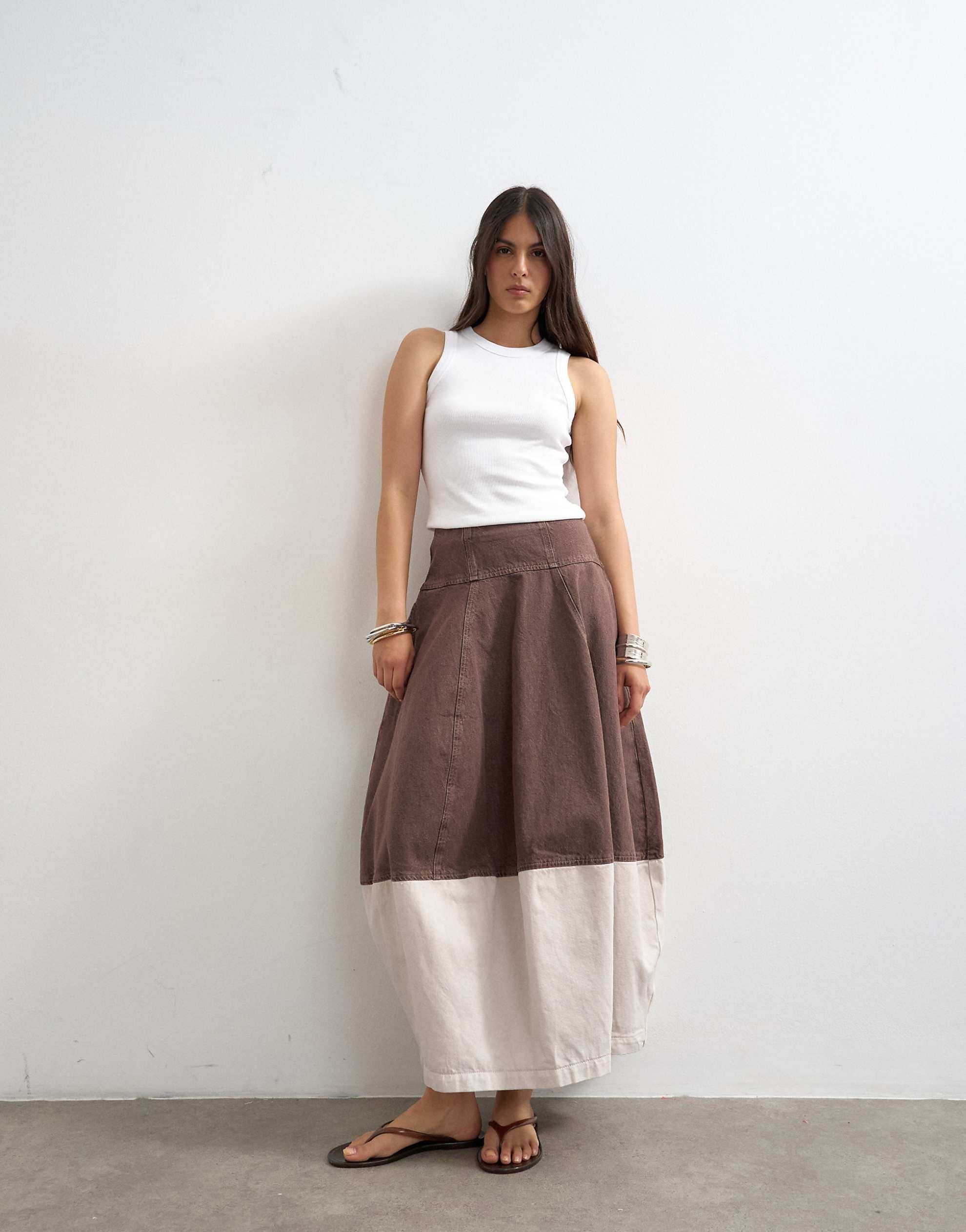 Topshop denim barrel seamed maxi skirt tobacco ecru
