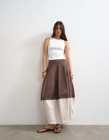 Topshop denim barrel seamed maxi skirt tobacco ecru