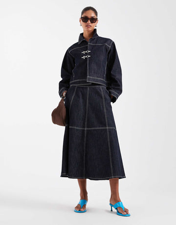 JJXX midi contrast stitch denim midaxi skirt dark blue