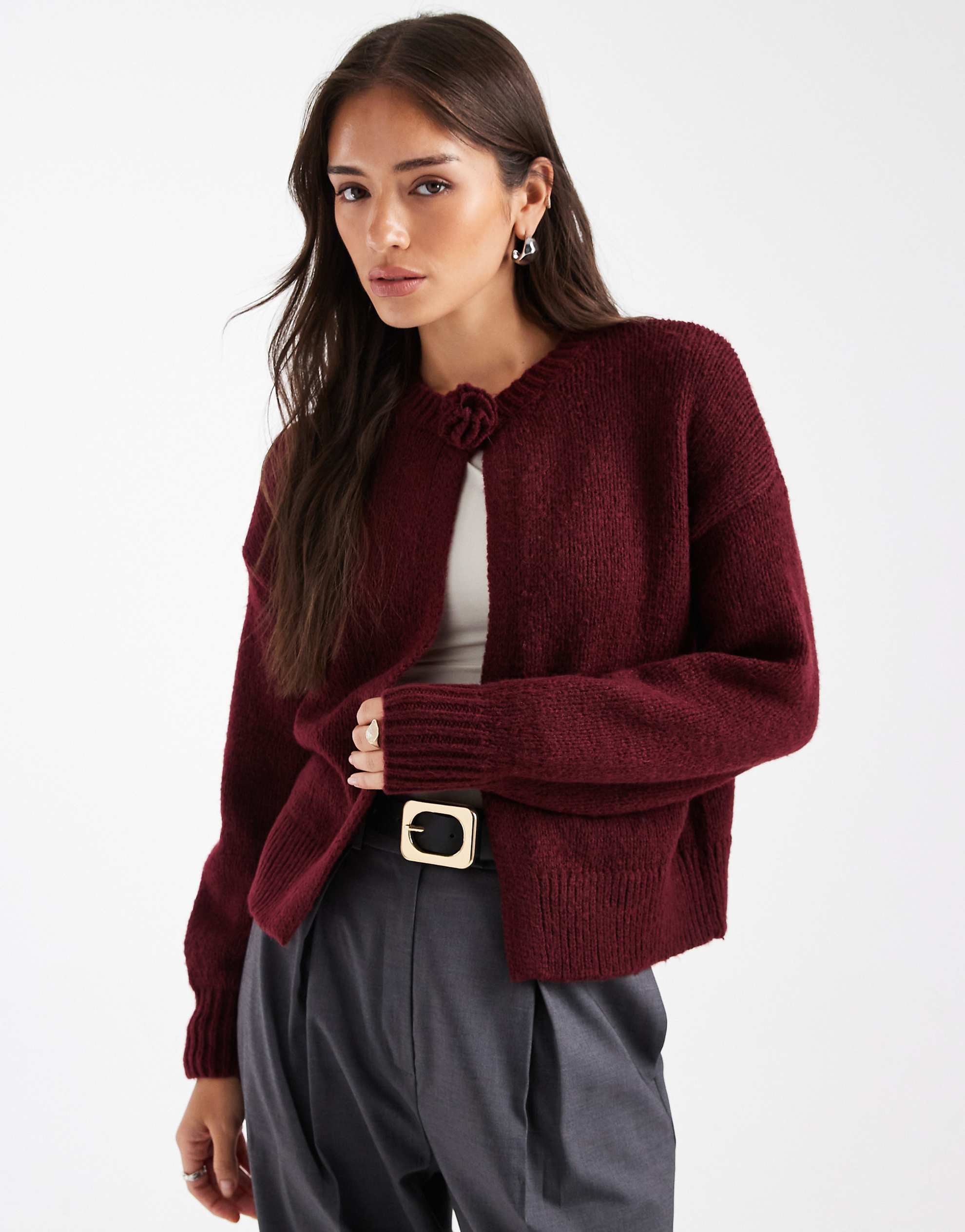 Pieces rosette detail knitted cardigan burgundy