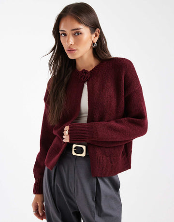 Pieces rosette detail knitted cardigan burgundy
