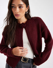 Load image into Gallery viewer, Pieces rosette detail knitted cardigan burgundy