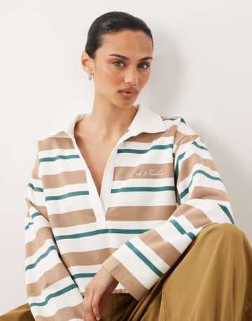4th & Reckless collared cropped rugby top white multi stripe