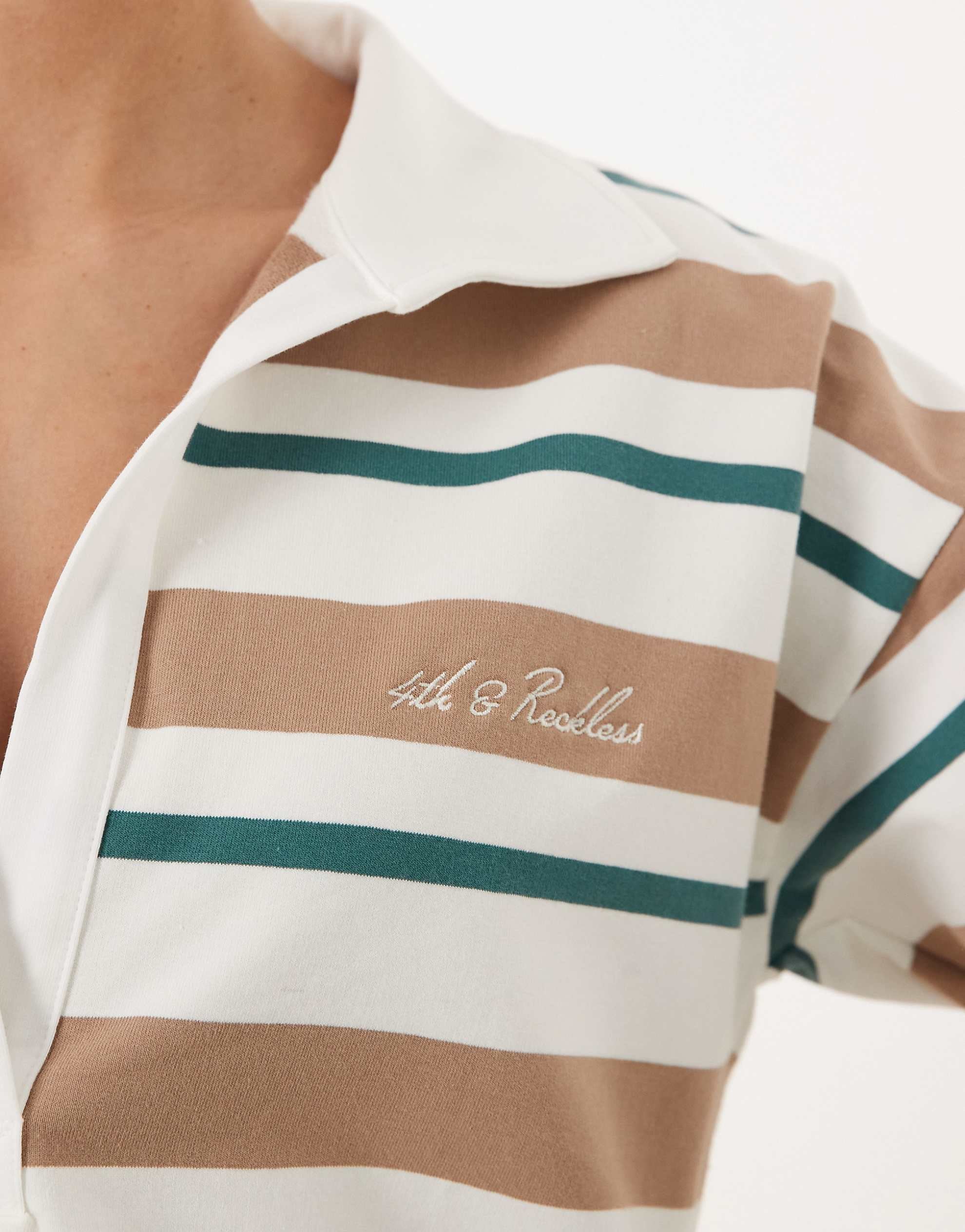 4th & Reckless collared cropped rugby top white multi stripe