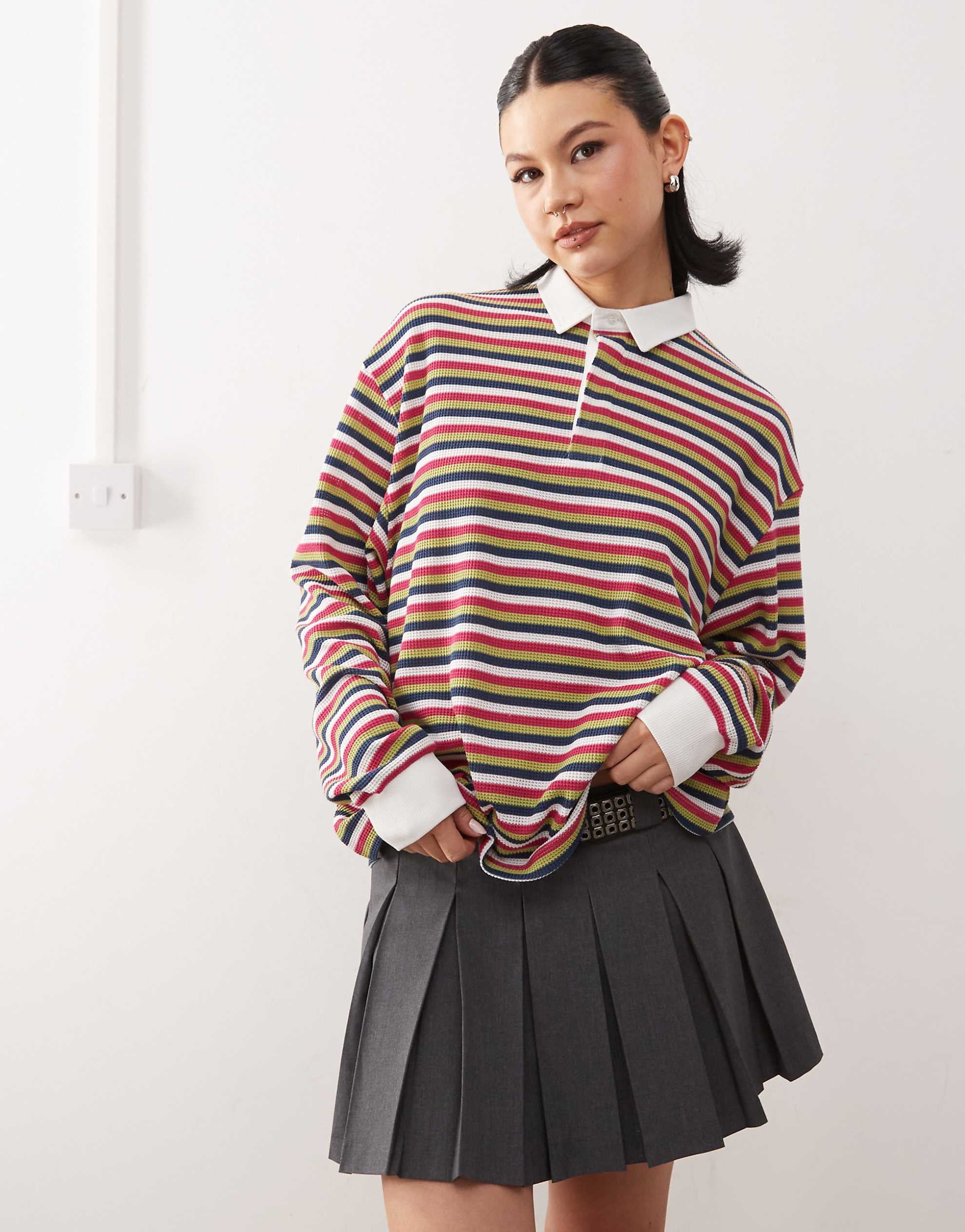 COLLUSION oversized rugby polo top multi stripe