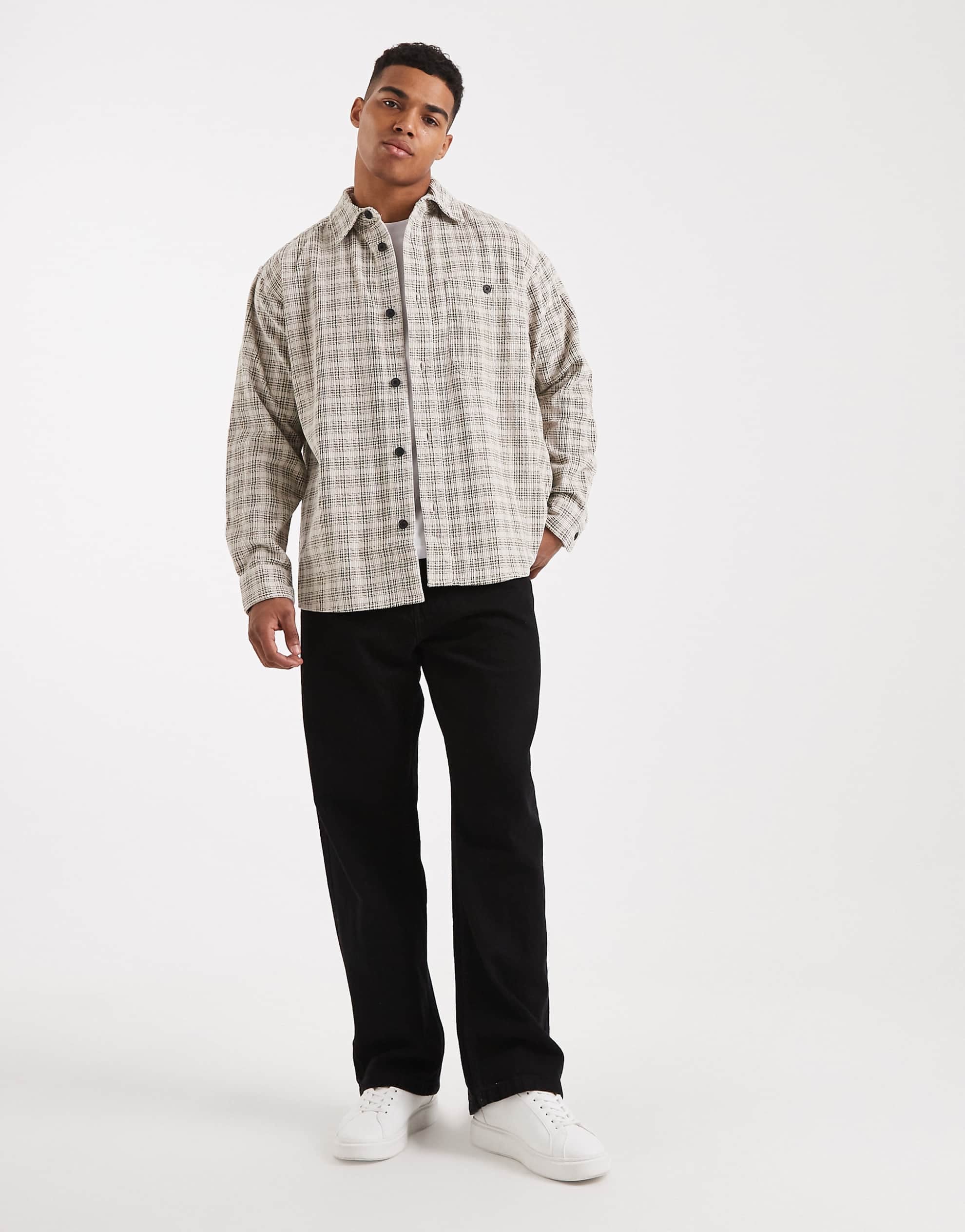 ONLY & SONS cord overshirt dark cream check