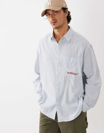 DESIGN oversized stripe shirt chest embroidery white