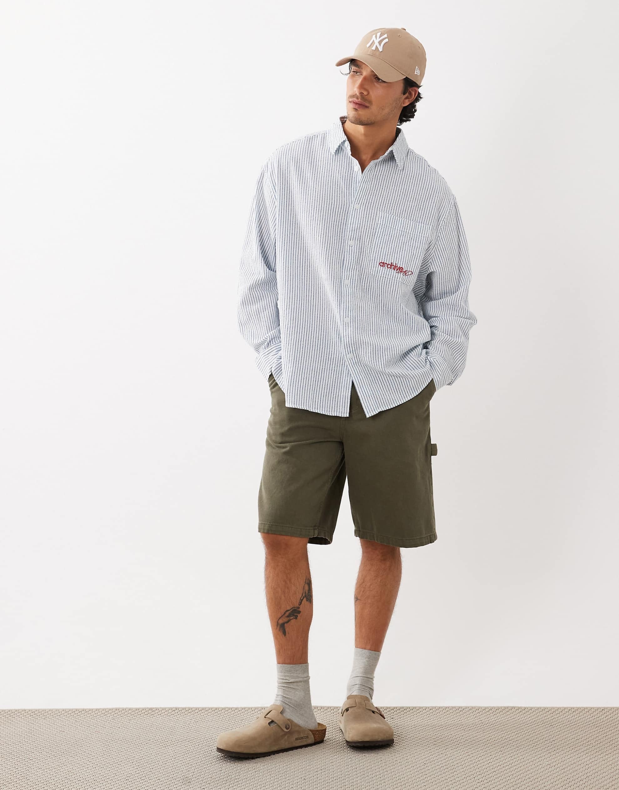 DESIGN oversized stripe shirt chest embroidery white