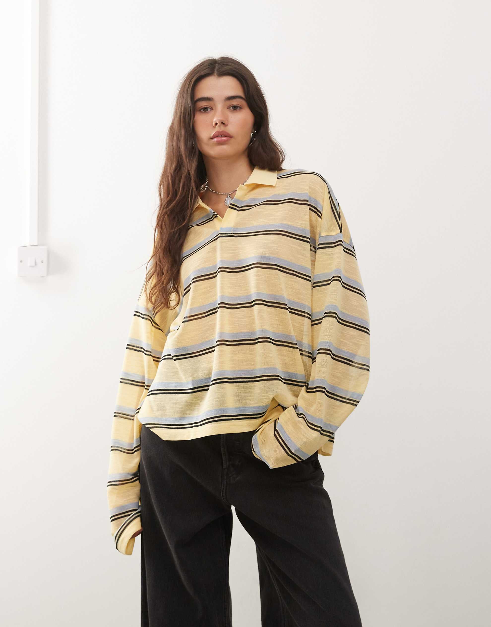 Lioness Rebels sleeve oversized jersey top yellow stripe