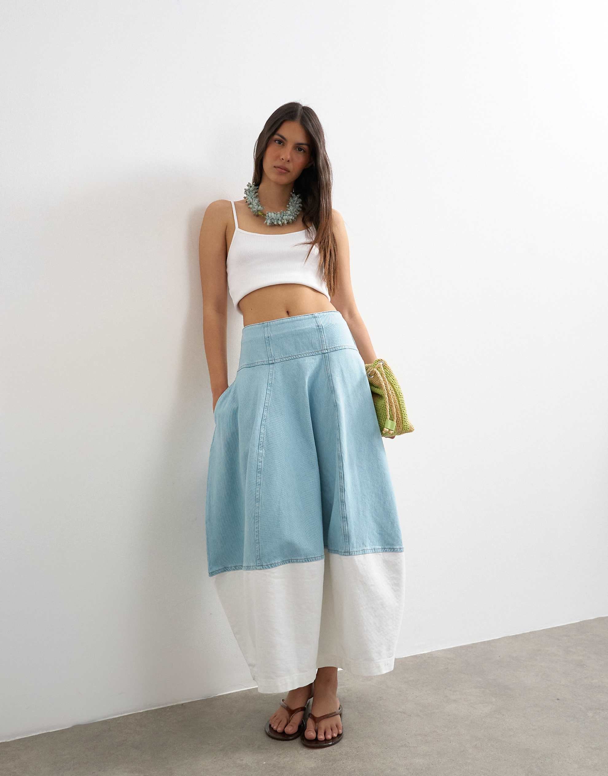 Denim barrel seamed maxi skirt bleach ecru