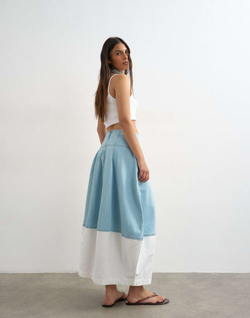 Denim barrel seamed maxi skirt bleach ecru
