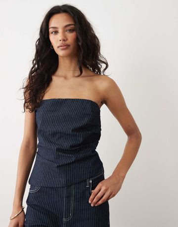 Mango Isola off shoulder denim top co-ord dark blue stripe