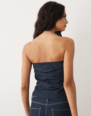 Mango Isola off shoulder denim top co-ord dark blue stripe