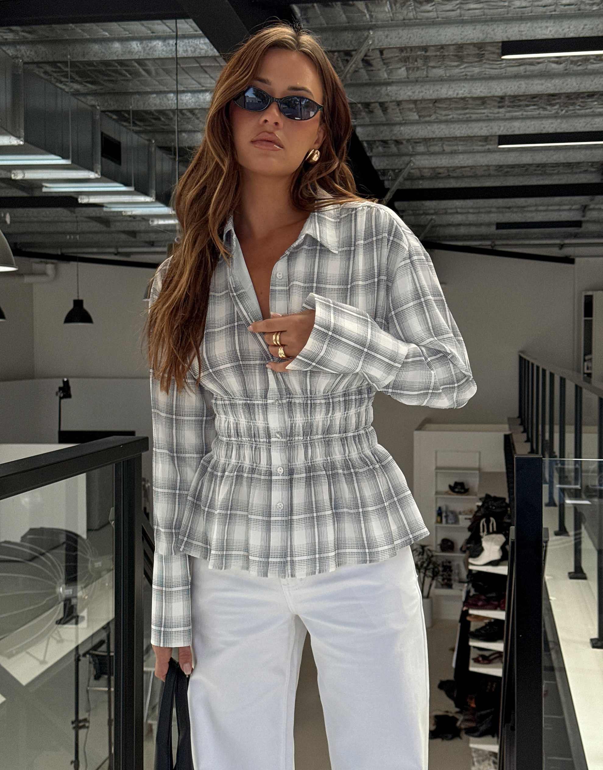 Princess Polly As You Are shirred waist button up shirt black check