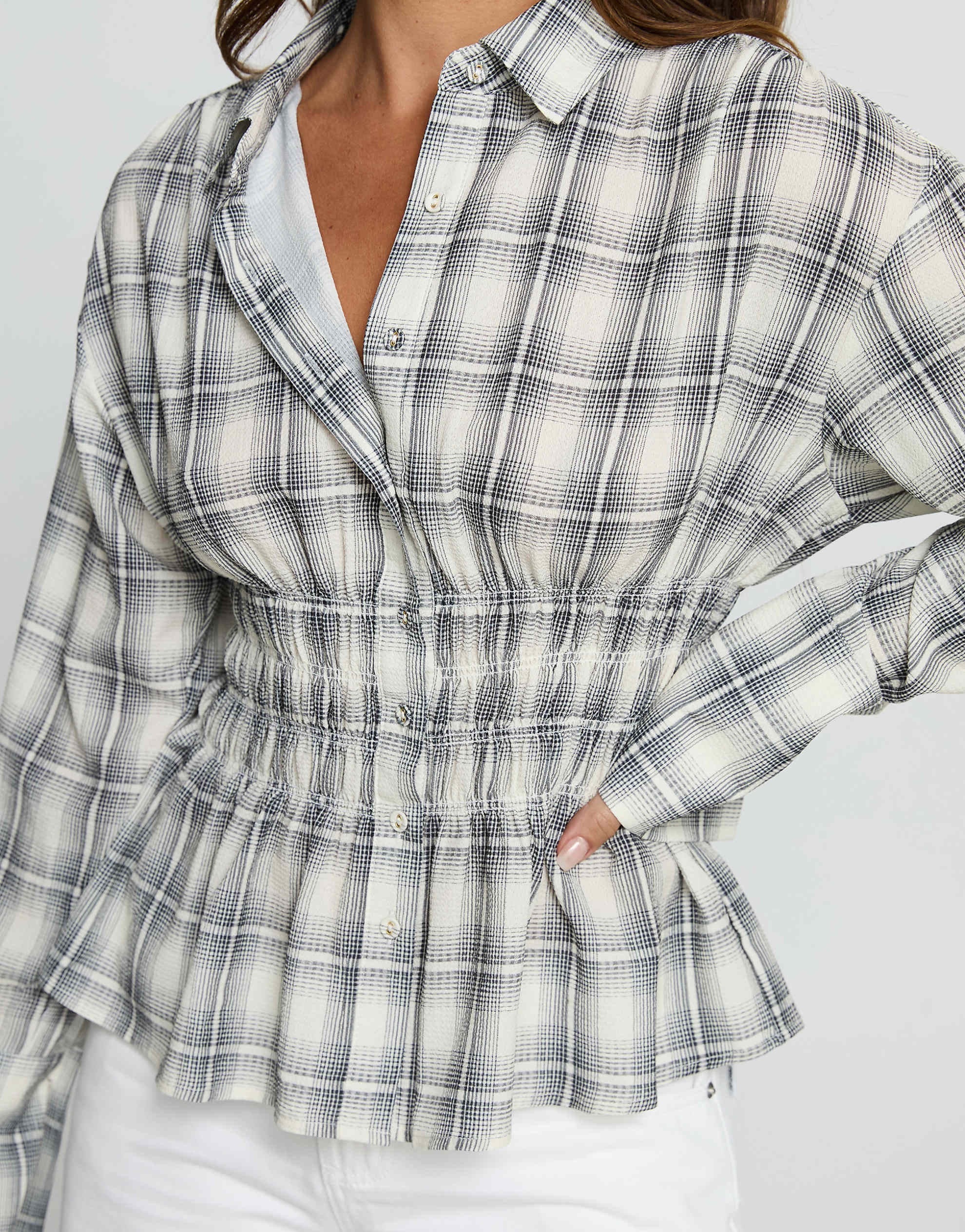 Princess Polly As You Are shirred waist button up shirt black check