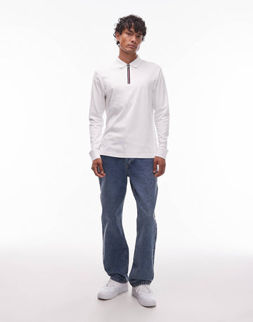 Tommy Hilfiger zip long sleeve polo shirt white