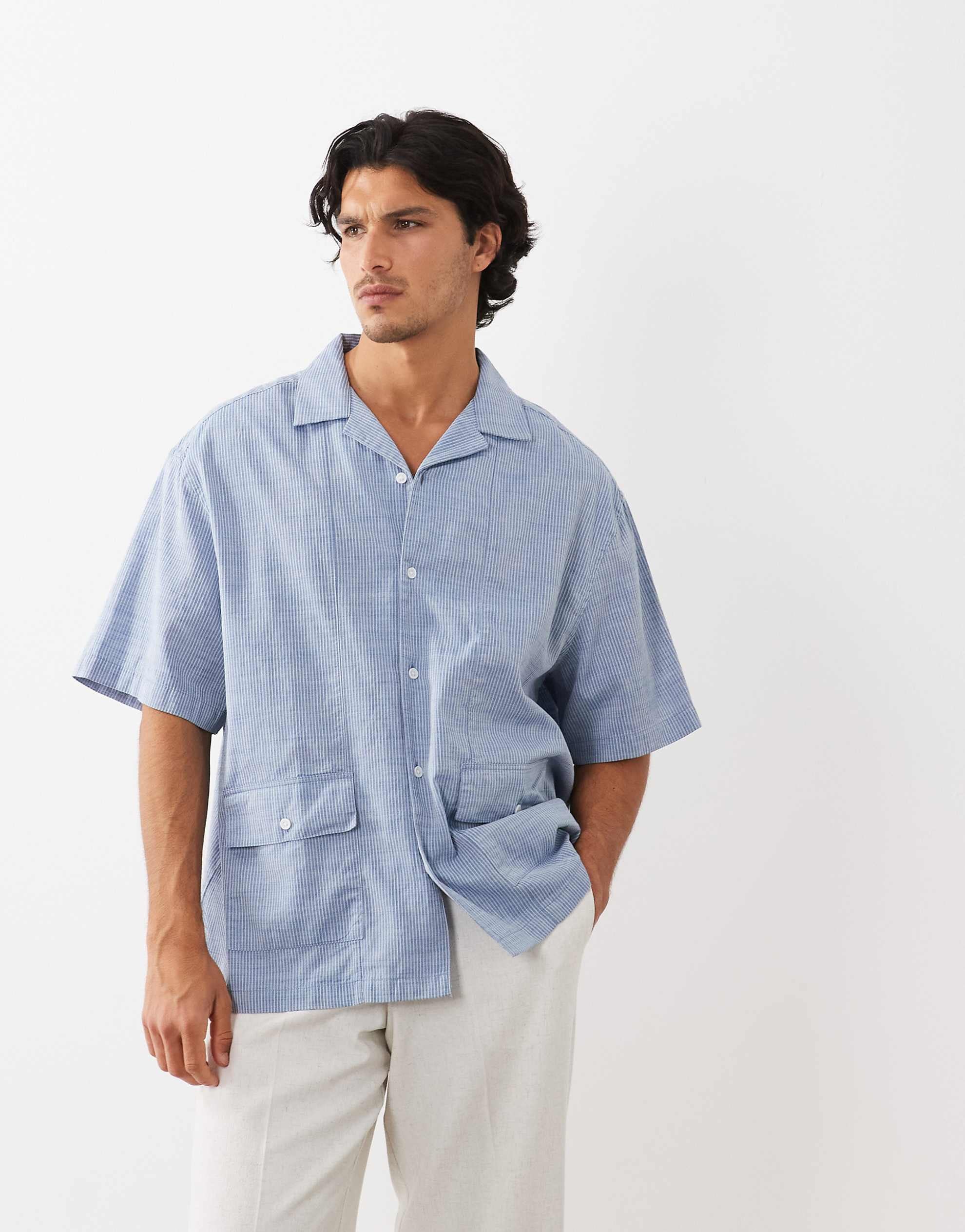 DESIGN oversized revere stripe shirt blue