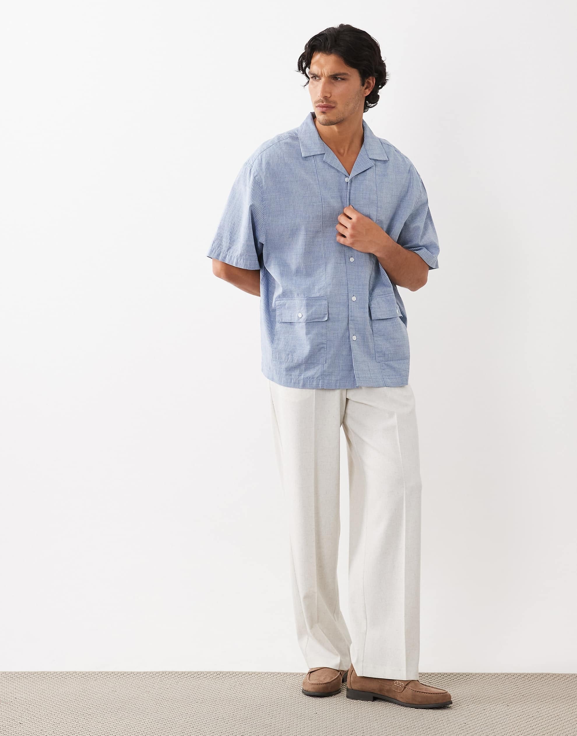 DESIGN oversized revere stripe shirt blue