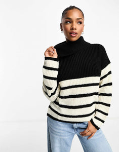 JDY roll neck jumper black white stripe