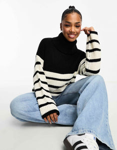 JDY roll neck jumper black white stripe