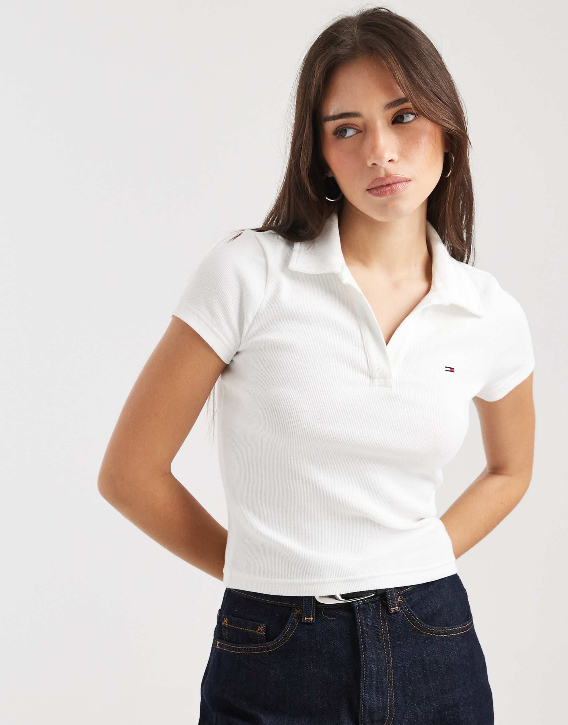 Tommy Jeans rib slim fit polo shirt off white